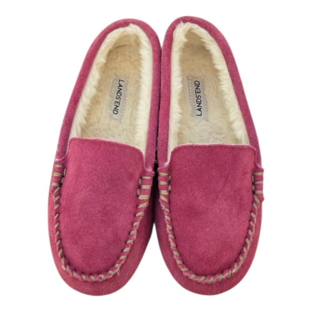 Lands' End Fuchsia Suede Kids Mocassin Slippers Youth 13.5